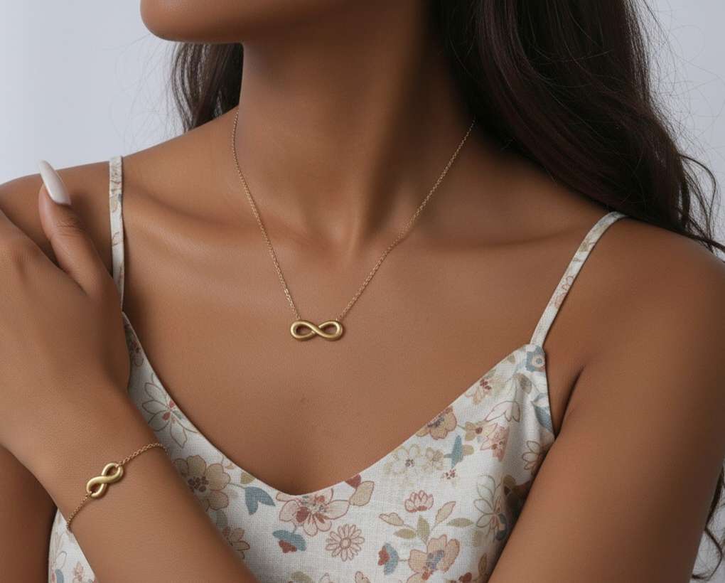 Collar con extensor ajustable colgante infinito y pulsera a juego de acero inoxidable oro 18K PVD Waterproof tarnish-free