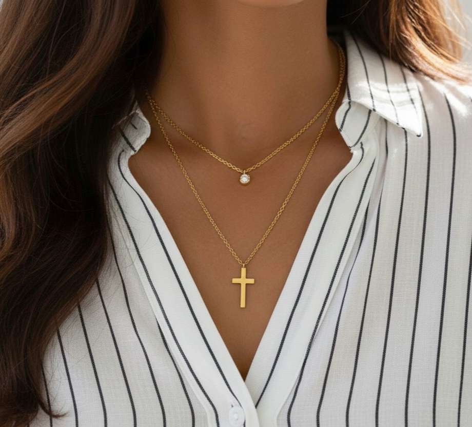 Collar con extensor doble cadena minimalista con colgante cruz y circonita acero inoxidable oro 18K Waterproof