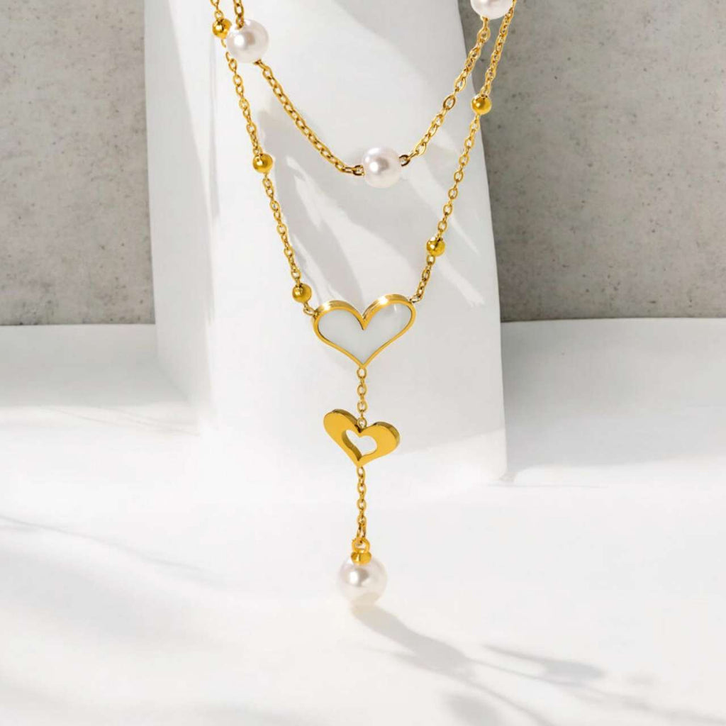Collar ajustable de doble cadenas con colgantes perlas blancas y corazones de acero inoxidable oro 18K Waterproof tarnish-free