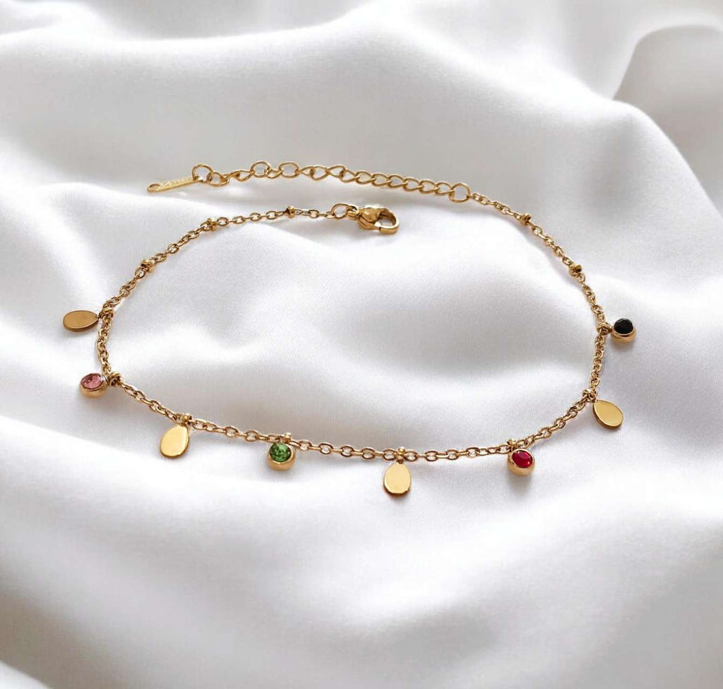 Tobillera anklet con charms de gota de agua y circonitas multicolor de acero inoxidable oro 18K waterproof
