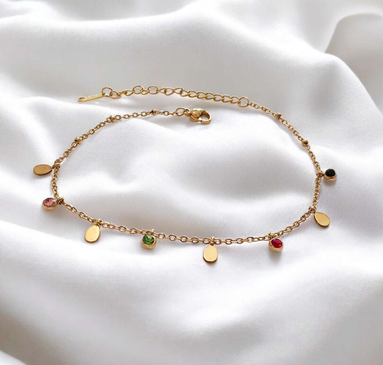Tobillera anklet con charms de gota de agua y circonitas multicolor de acero inoxidable oro 18K waterproof
