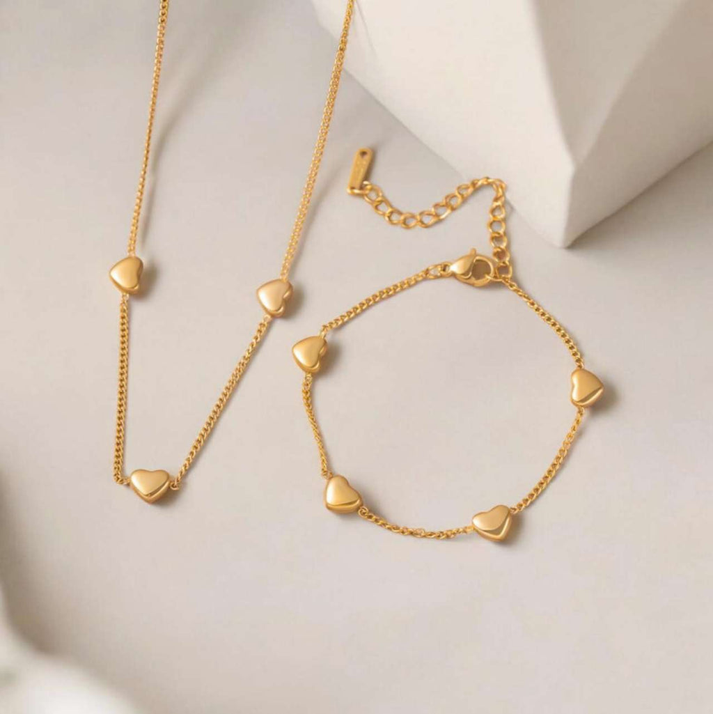 Set de joyas collar ajustable de cuentas corazones y pulsera a juego acero inoxidable oro 18K PVD Waterproof