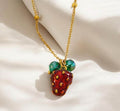 Sabor a Verano: collar Amuleto Fresa 3D Cuentas Verdes acero inoxidable oro 18K PVD Waterproof