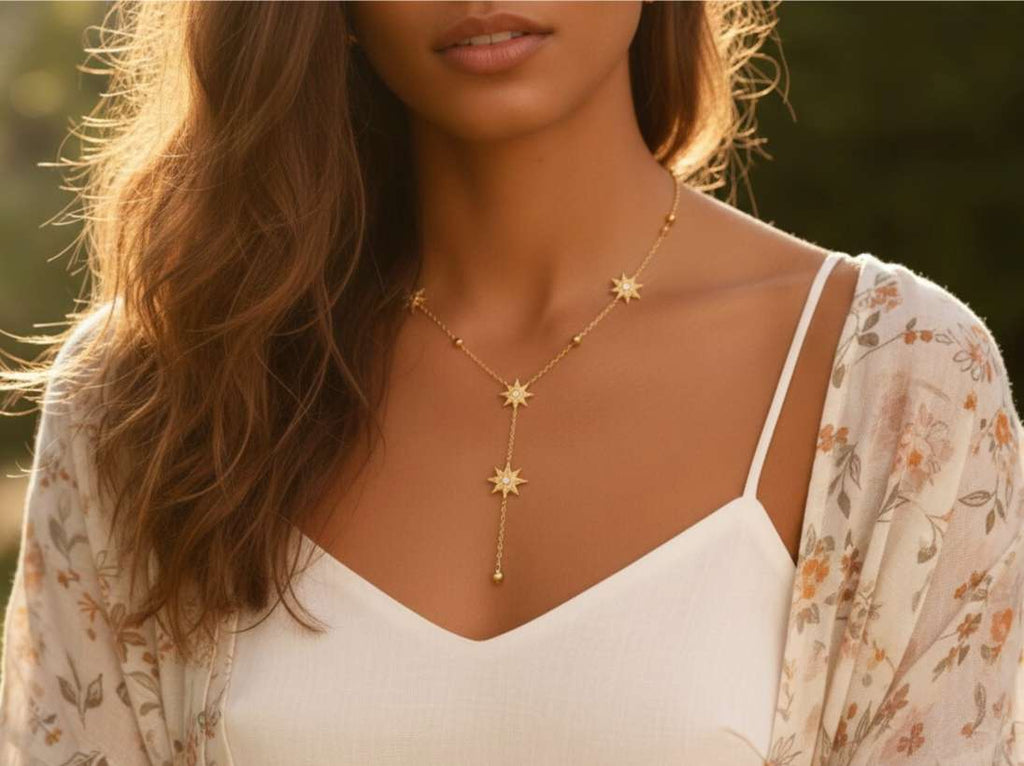 Collar ajustable en Y con colgantes de estrellas polares de acero inoxidable oro 18K waterproof tarnish free