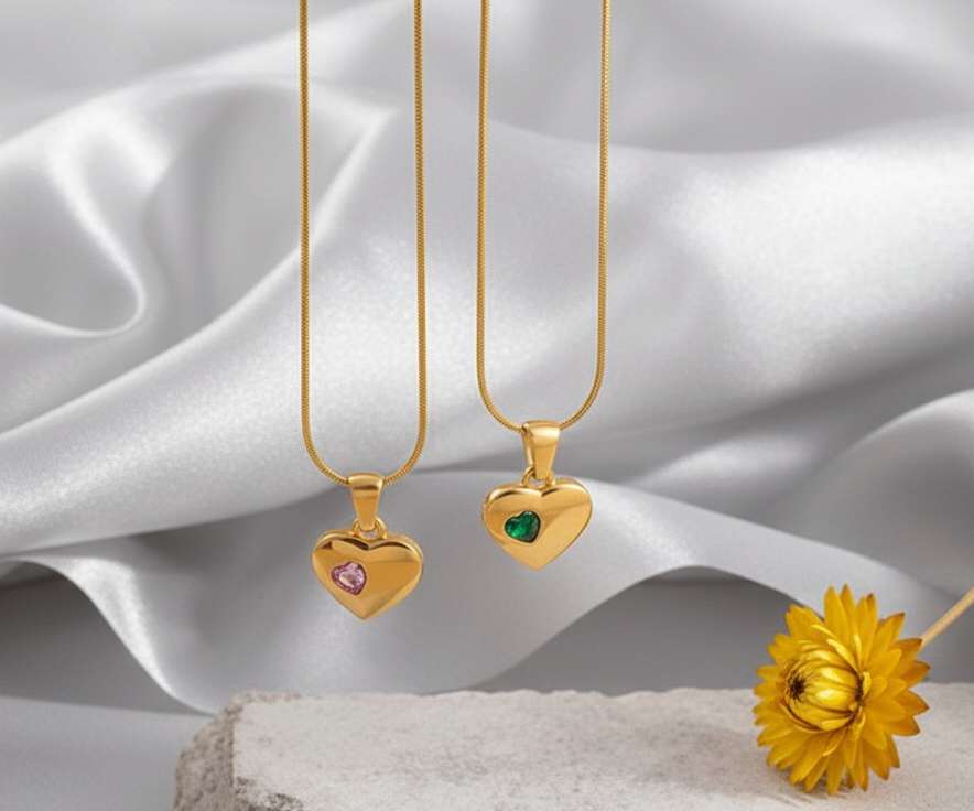 Collar ajustable con extensor cadena serpiente con colgante corazon circonita verde y rosa acero inoxidable oro 18K waterproof tarnish-free