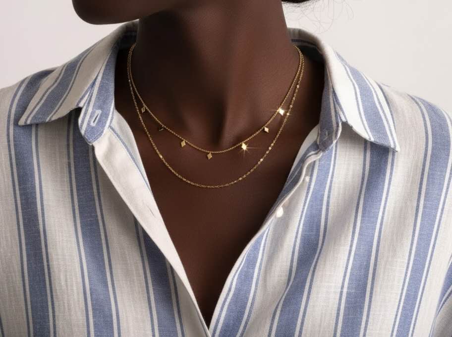Collar con extensor doble con delicados dijes en forma de rombo, acero inoxidable oro 18K PVD Waterproof