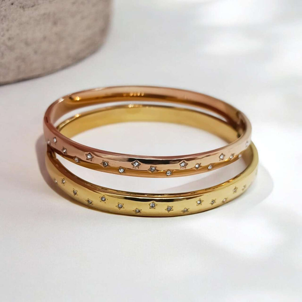 Brazalete ancho estrella polar circonita de acero inoxidable oro 18K waterproof