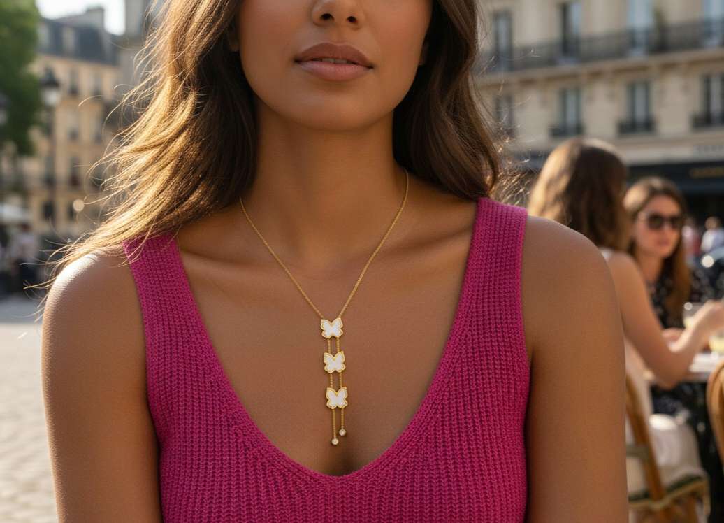 Collar en Y ajustable con mariposas blancas nacar acero inoxidable oro 18K waterproof tarnish-free