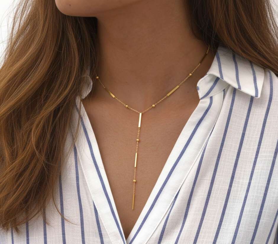 Collar en Y de Acero Inoxidable Dorado con Barras y Bolitas - Gargantilla Larga Estilo Minimalista