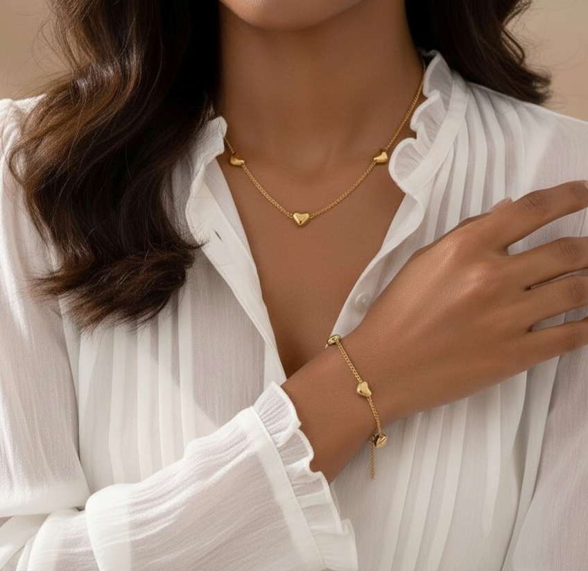 Set de joyas collar ajustable de cuentas corazones y pulsera a juego acero inoxidable oro 18K PVD Waterproof