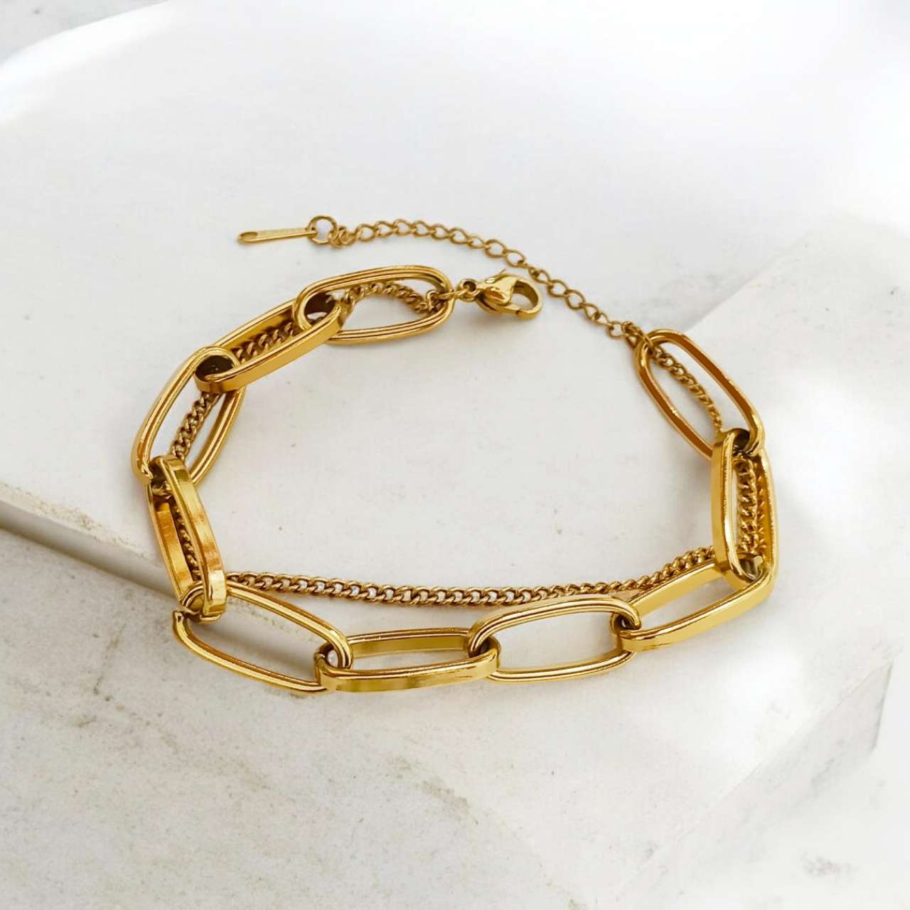 Pulsera ajustable ancha doble cadena de clip acero oro 18K PVD waterproof