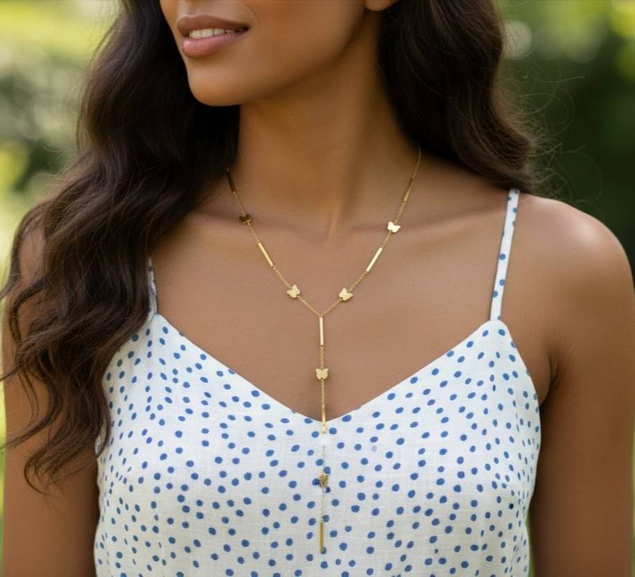 Collar en Y con extensor de cuentas mariposas y barras, estrellas de acero inoxidable oro 18K PVD Waterproof
