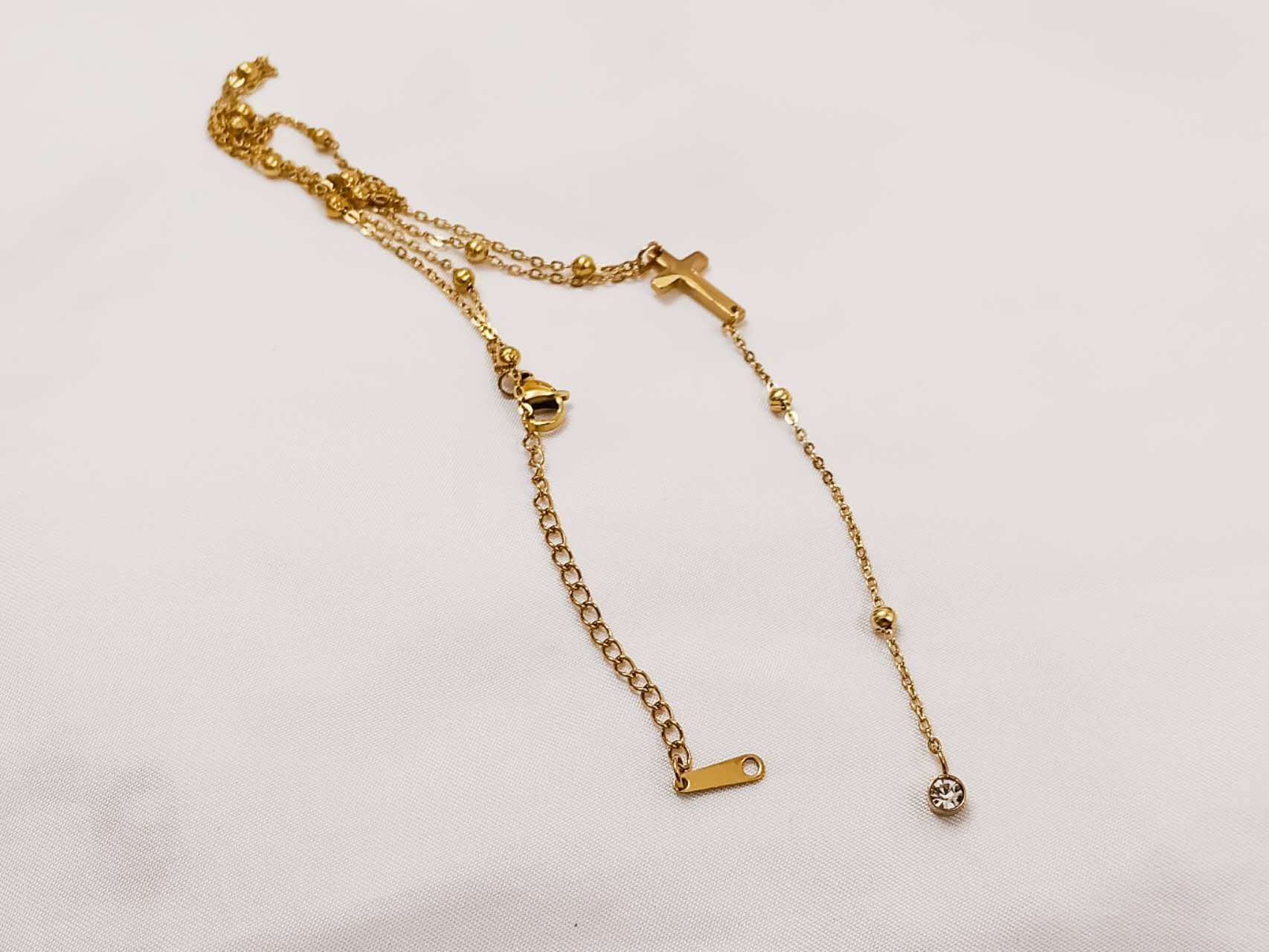 Collar de cuentas bolitas en Y con colgante cruz y circonita de acero inoxidable oro 18K Waterproof