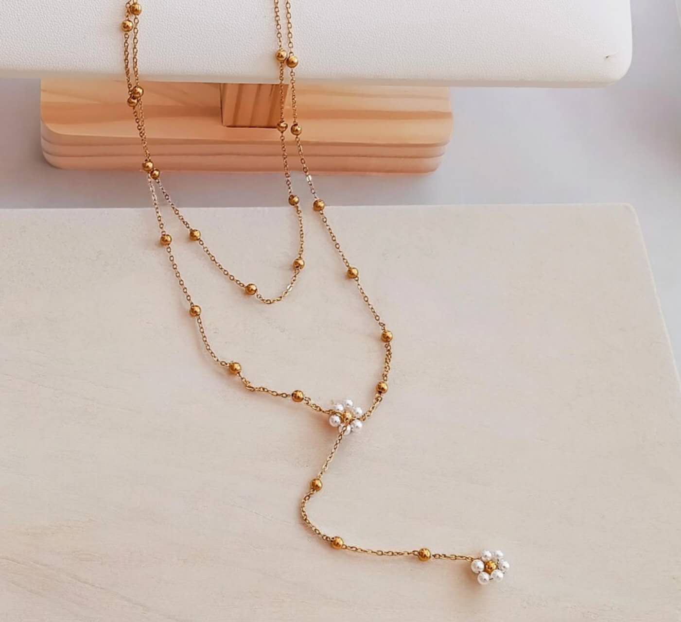 Collar doble cadena en Y colgante flores y cuentas de bolas acero  oro 18K PVD waterproof