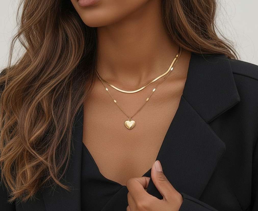 Collar doble cadena corazon acero  baño de oro 18K PVD