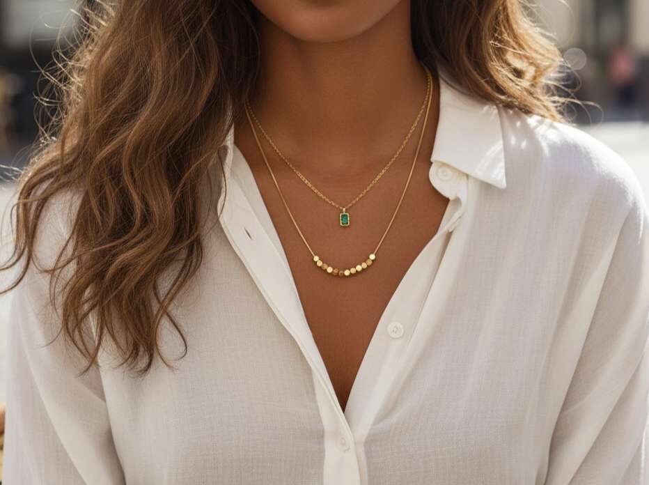 Collar ajustable de doble cadena con colgante cuadrado verde y cuentas cuadradas acero inoxidable oro 18K Waterproof tarnish-free