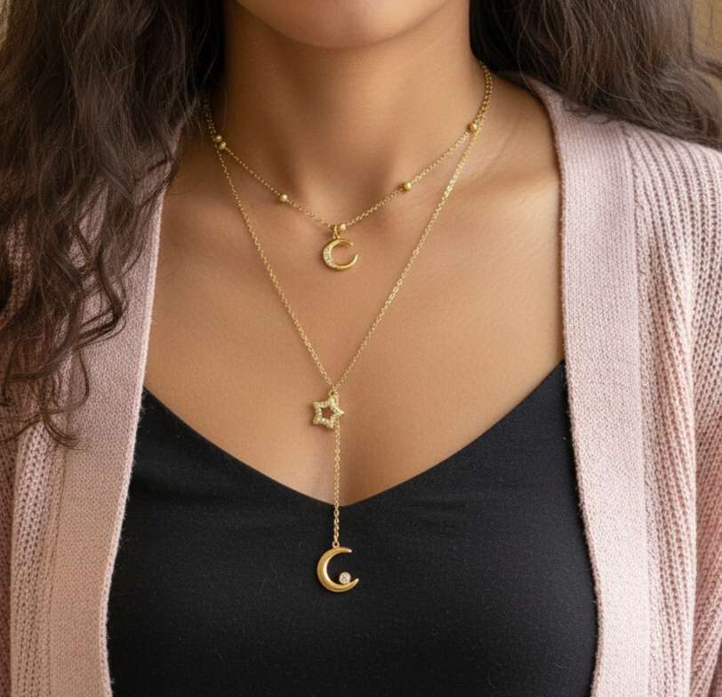 Collar ajustable doble cadena en Y con colgantes luna y estrella circonita de acero inoxidable oro 18K PVD Waterproof