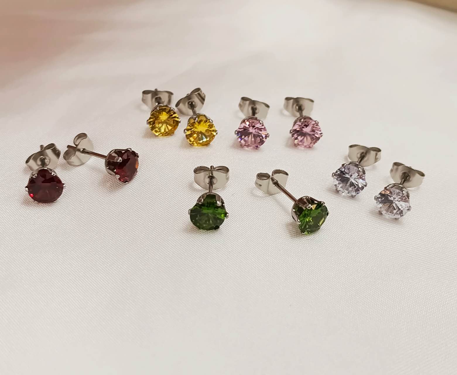 Pendientes de circonita verde, rosa, rojo, amarillo de acero inoxidable
