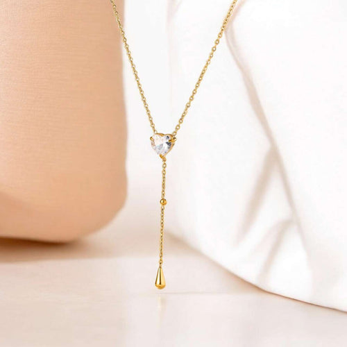 Collar ajustable en Y con colgante corazon circonita y gota de agua de acero inoxidable oro 18K waterproof