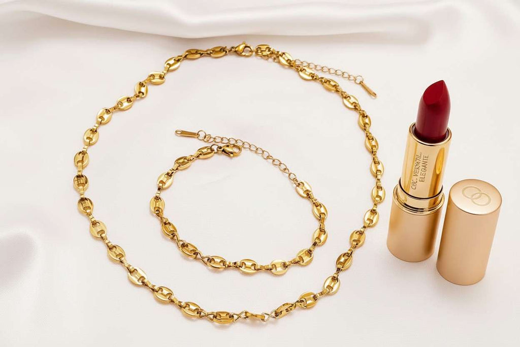 Conjunto de joyas Collar ajustable greuso y pulsera a juego  Acero Inoxidable Oro 18K waterproof tarnish-free