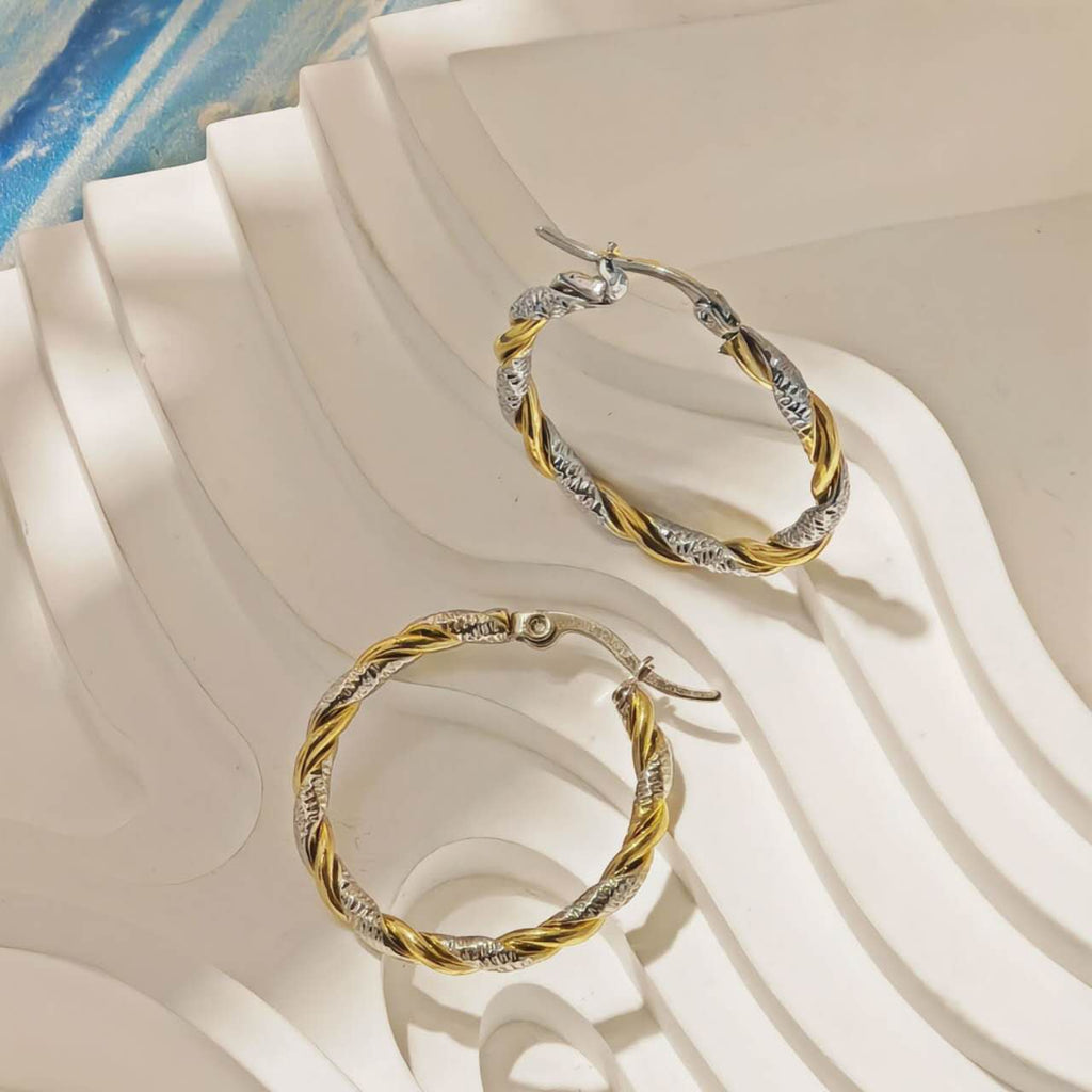 Pendientes de aro bicolor trenzado italiano acero inoxidable oro 18K waterproof tarnish-free