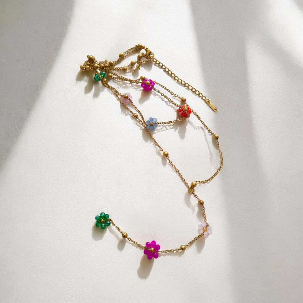 Collar ajustable bohemia doble cadena  flores  y bolitas acero  oro 18K PVD waterproof tarnish-free
