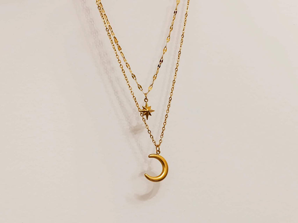 Collar ajustable de doble cadena con colgante luna y estrella polar acero inoxidable oro 18K PVD Waterproof t