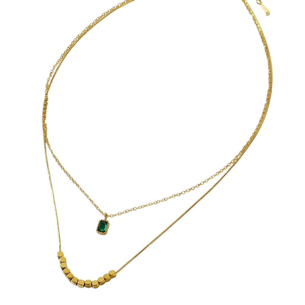 Collar ajustable de doble cadena con colgante cuadrado verde y cuentas cuadradas acero inoxidable oro 18K Waterproof tarnish-free