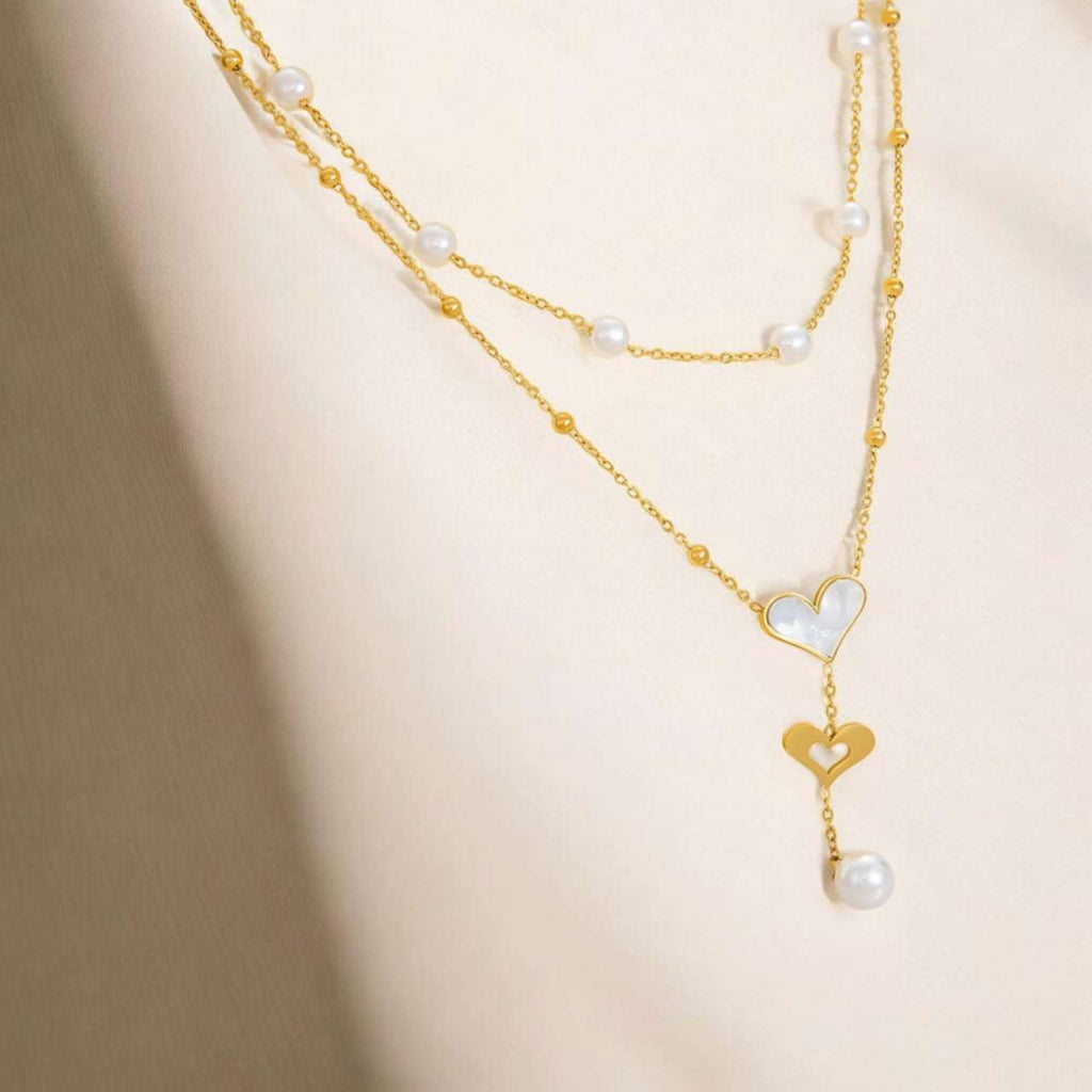 Collar ajustable de doble cadenas con colgantes perlas blancas y corazones de acero inoxidable oro 18K Waterproof tarnish-free