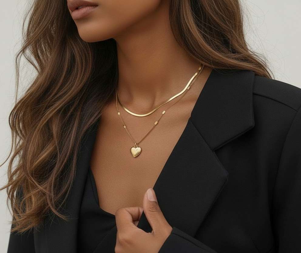 Collar doble cadena corazon acero  baño de oro 18K PVD