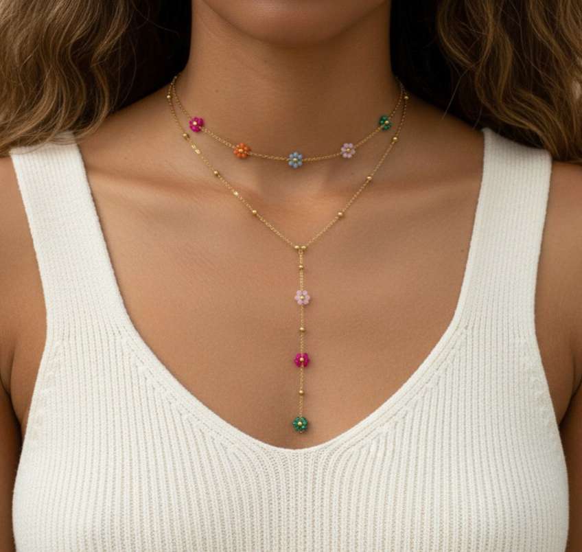 Collar ajustable bohemia doble cadena  flores  y bolitas acero  oro 18K PVD waterproof tarnish-free