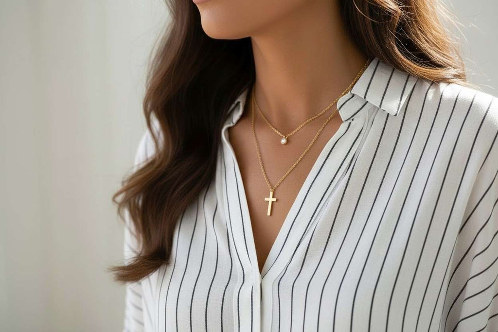 Collar con extensor doble cadena minimalista con colgante cruz y circonita acero inoxidable oro 18K Waterproof