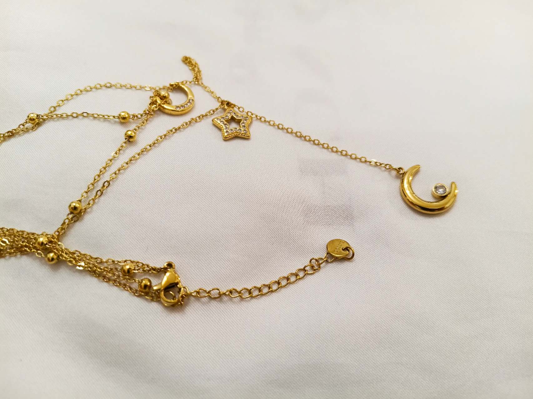 Collar ajustable doble cadena en Y con colgantes luna y estrella circonita de acero inoxidable oro 18K PVD Waterproof