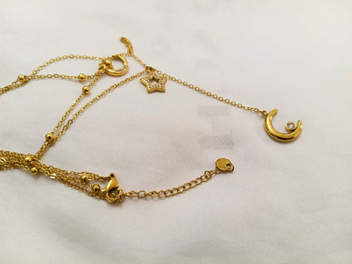 Collar ajustable doble cadena en Y con colgantes luna y estrella circonita de acero inoxidable oro 18K PVD Waterproof