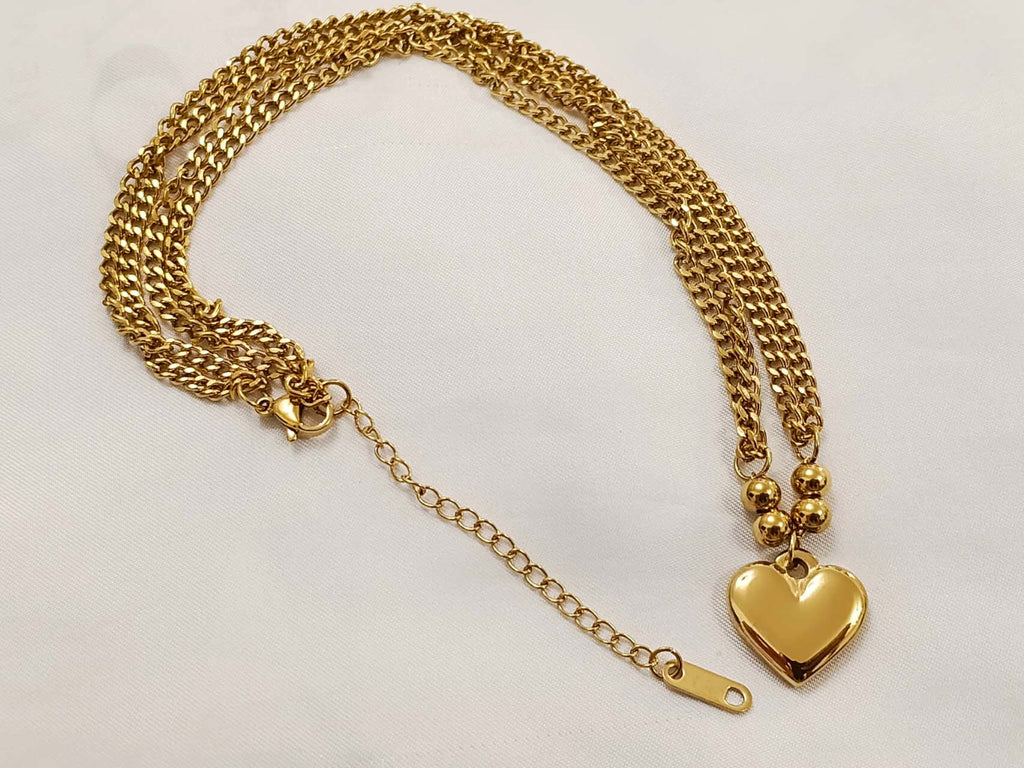 Set de joyas collar ajustable de doble cadena Cubana con colgante corazon grande y pulsera a juego de acero inoxidable oro 18K waterproof tarnish free