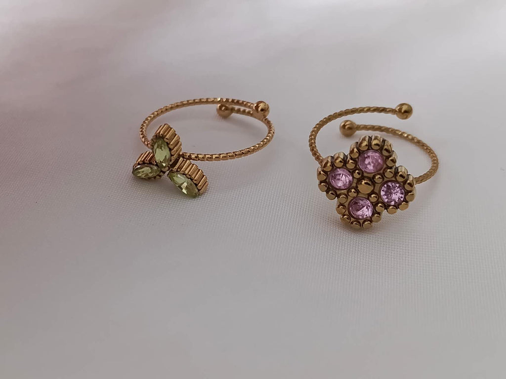 Anillo ajustable abierto con bolas y trebol y flor circonita rosa y verde acero inoxidable oro 18K waterproof tarnish-free