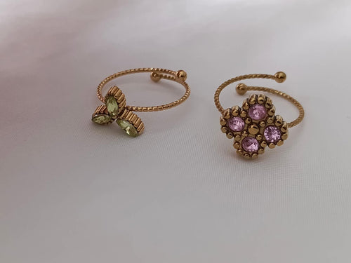Anillo ajustable abierto con bolas y trebol y flor circonita rosa y verde acero inoxidable oro 18K waterproof tarnish-free
