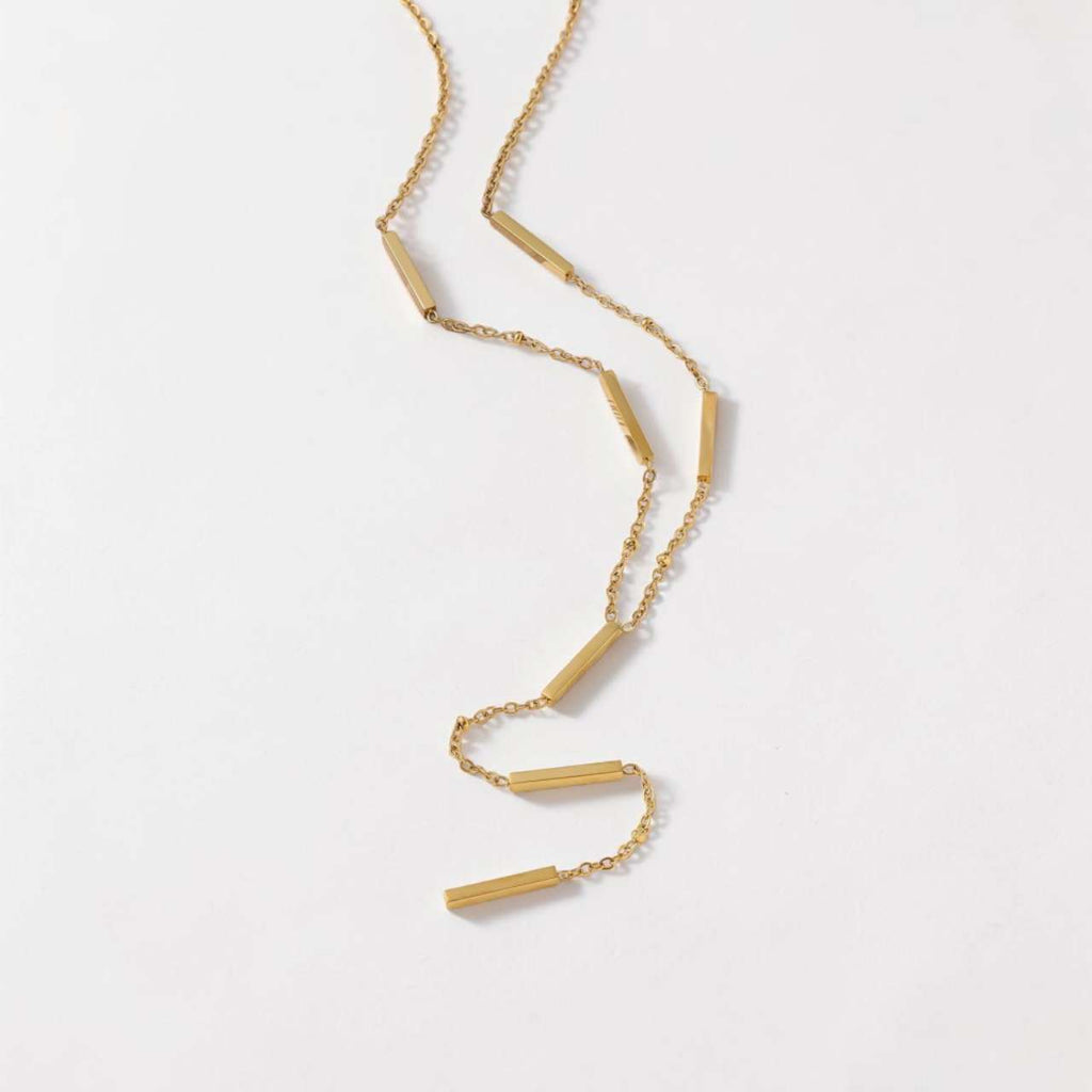 Collar en Y de Acero Inoxidable Dorado con Barras y Bolitas - Gargantilla Larga Estilo Minimalista