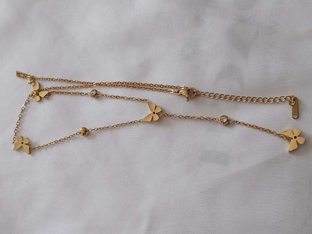Collar en Y de cuentas mariposas y circonitas de acero inoxidable oro 18K PVD Waterproof tarnish-free