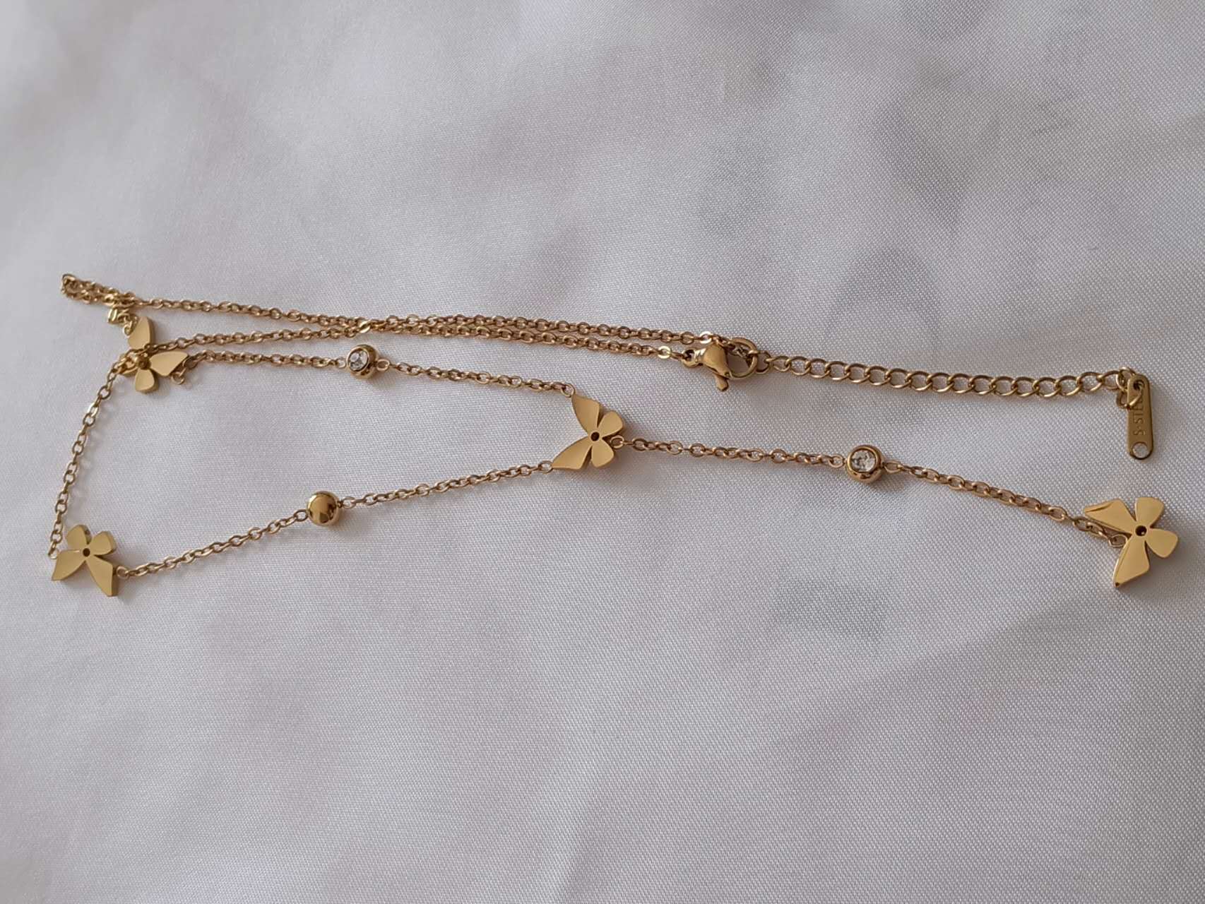 Collar en Y de cuentas mariposas y circonitas de acero inoxidable oro 18K PVD Waterproof tarnish-free