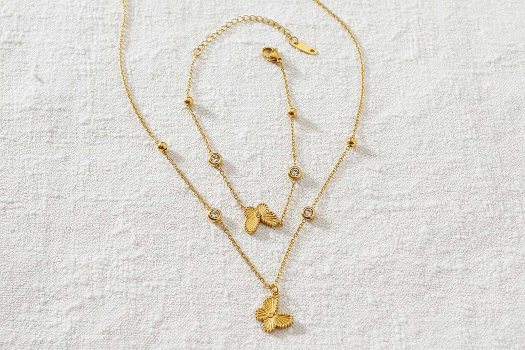 Set de joyas collar con extensor ajustable mariposa circonita bolita y pulsera a juego acero inoxidable oro 18K Waterproof tarnish-free