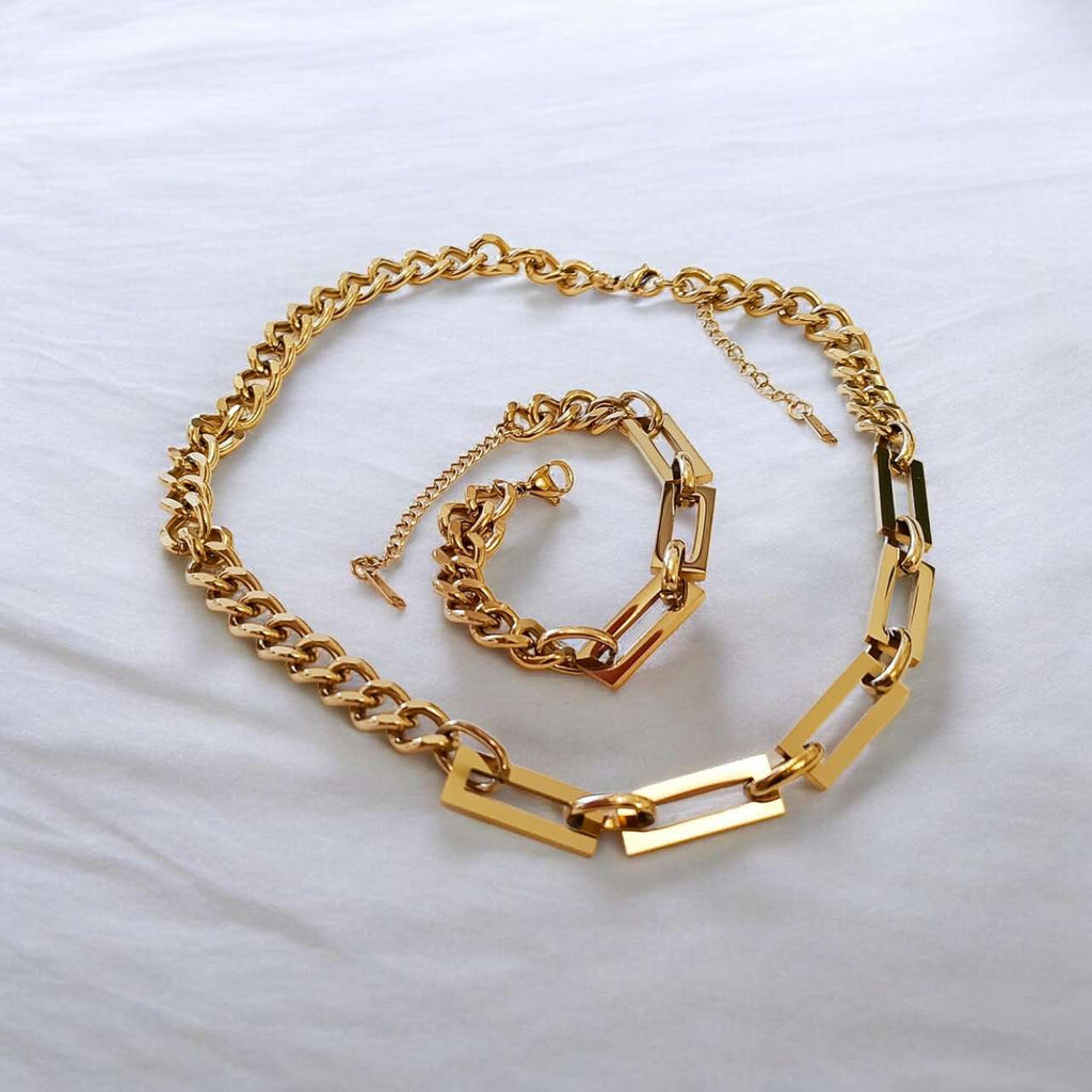 et de Collar y Pulsera Acero Inoxidable oro 18K PVD Waterproof Eslabones Rectangulares en Tendencia