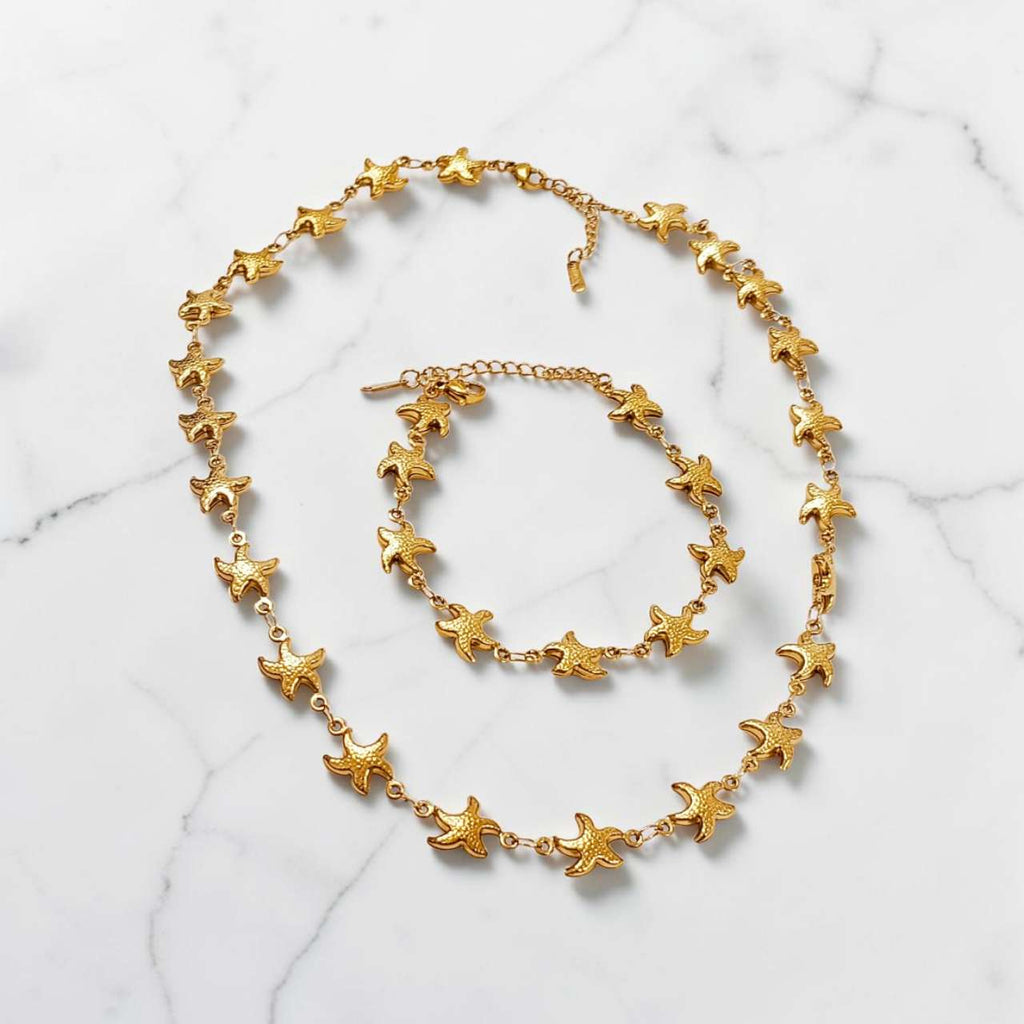 Set de joyas collar ajustable de cuenas de estrellas del mar y pulsera a juego de acero inoxidable oro 18K PVD Waterproof tarnish-free