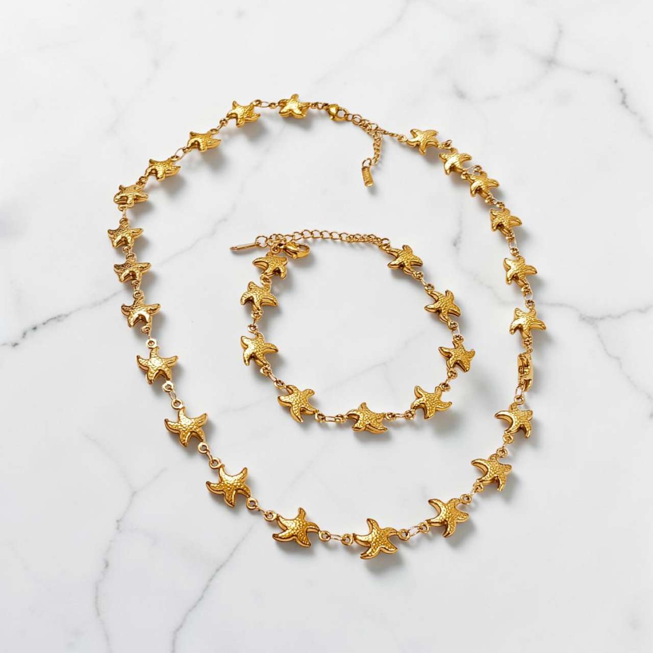 Set de joyas collar ajustable de cuenas de estrellas del mar y pulsera a juego de acero inoxidable oro 18K PVD Waterproof tarnish-free