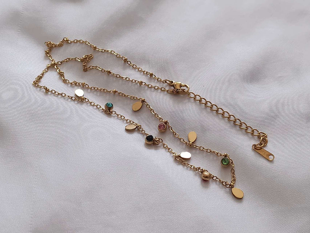 Set de joyas Collar de gotas y circonitas multicolores y pulsera a juego de acero inoxidable oro 18K waterproof