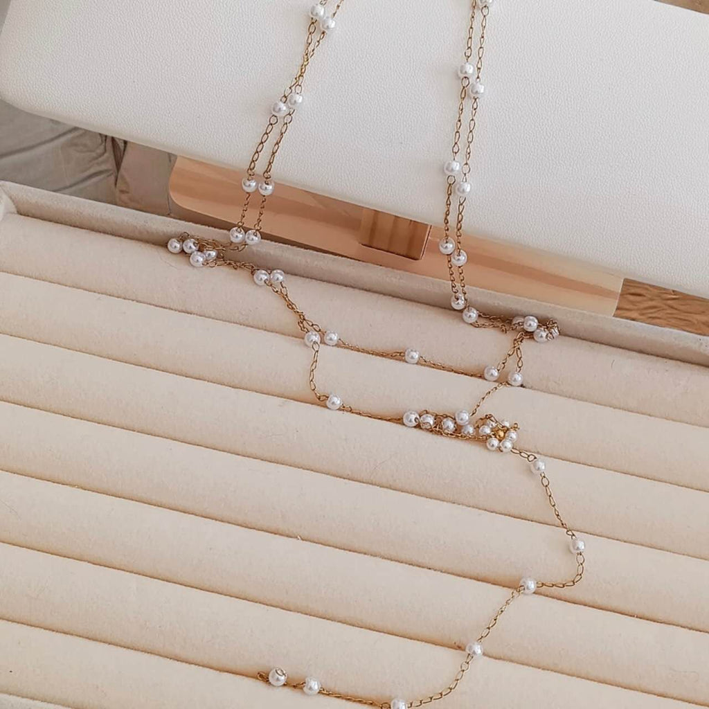 Collar largo de doble capa con cuentas de perlas blancas y flor blanca acero inoxidable oro 18K PVD Waterproof