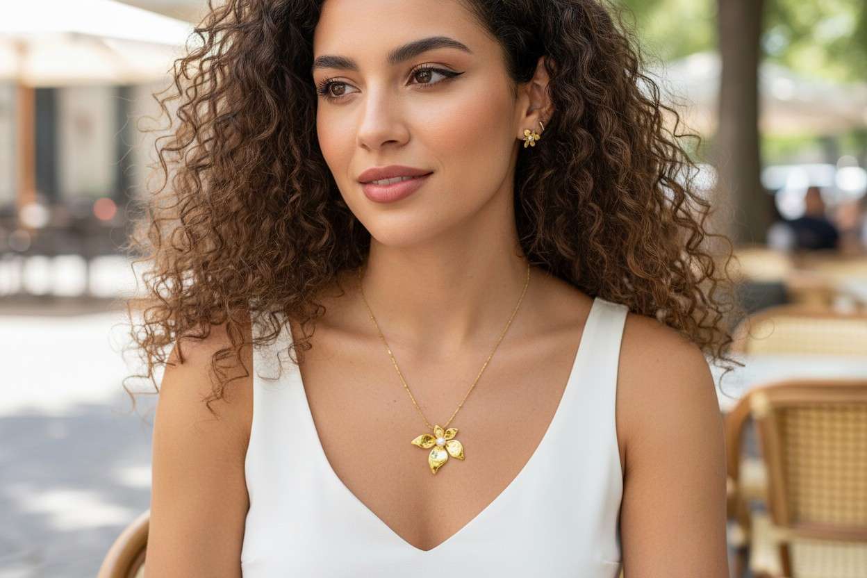 Collar ajustable flor grande con perla acero oro 18K PVD