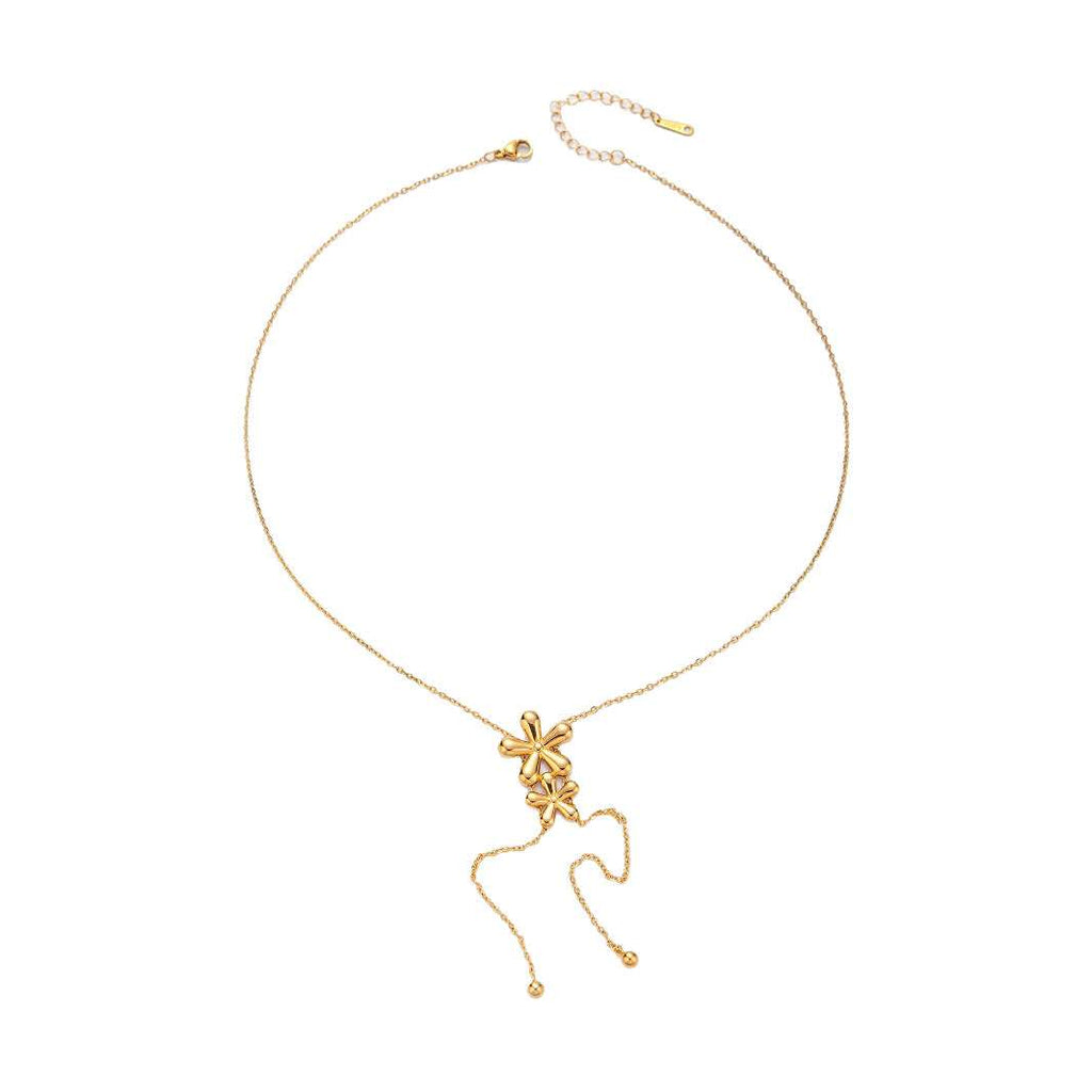 Juego de joyas collar ajustable en Y colgante flores y pendientes a juego acero inoxidable oro 18K waterproof tarnish-free