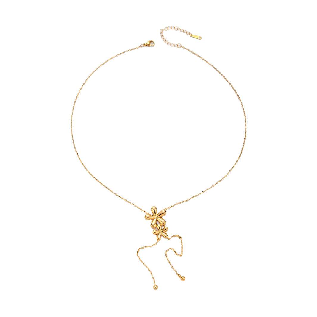 Juego de joyas collar ajustable en Y colgante flores y pendientes a juego acero inoxidable oro 18K waterproof tarnish-free