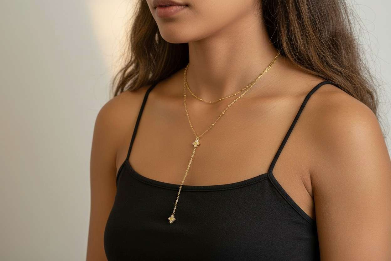 Collar en Y con doble cadena de cuentas bolitas con colgante trebol circonita de acero inoxidable oro 18K waterproof